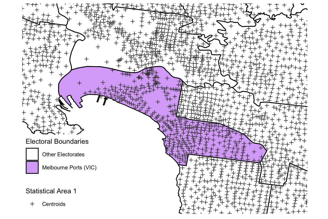 Melbourne Ports boundary and surrounding electorates from 2013, with the SA1 centroids from the 2016 Census shown. Centroids falling within the purple region are assigned to Melbourne Ports.